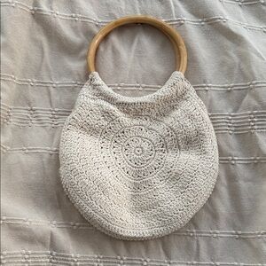 Elegant Cream Crochet Bag with Wooden Handle